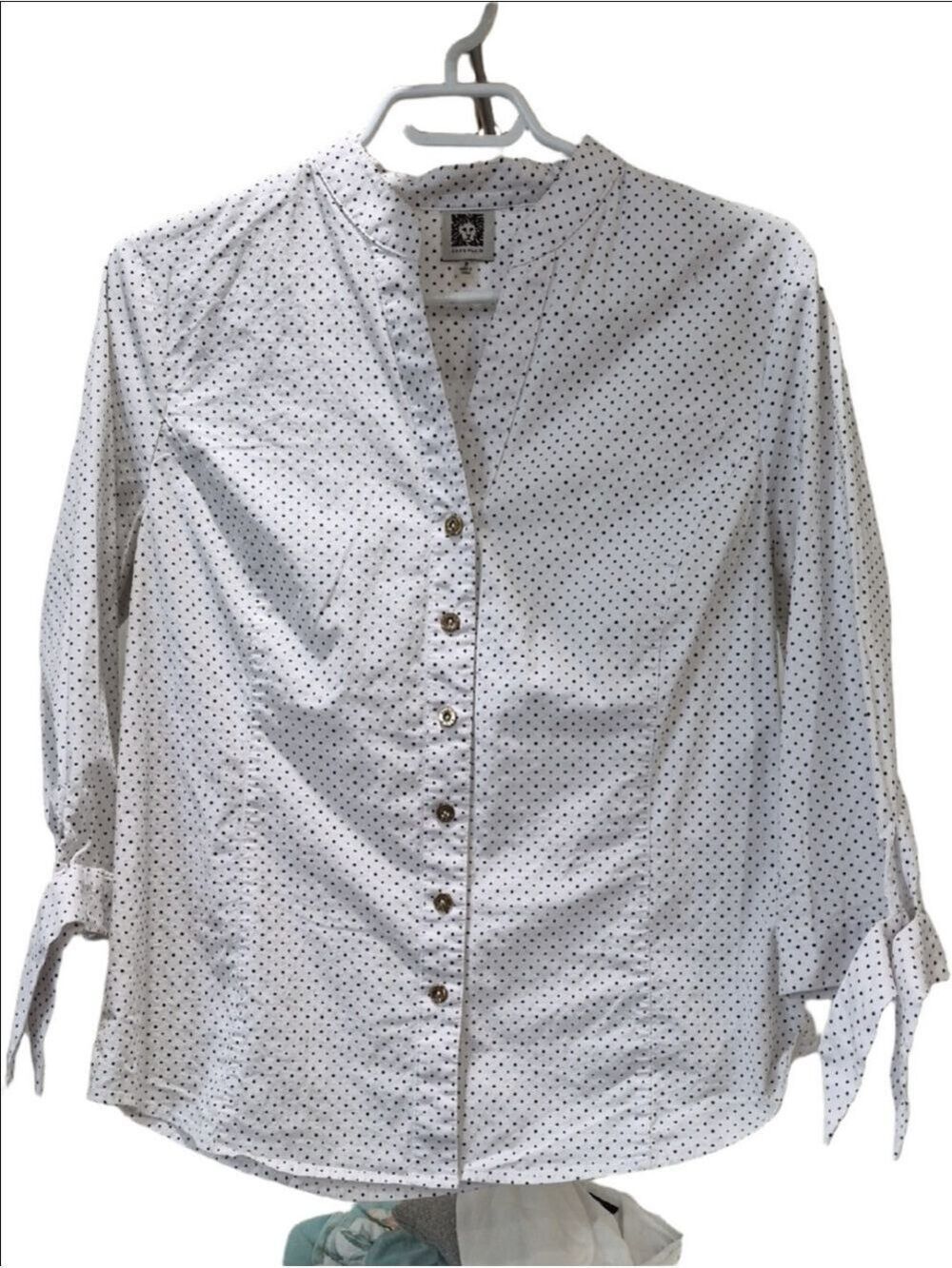 Anne Klein White Button-Down Shirt with Black Polka Dots And Mandarin Collar
